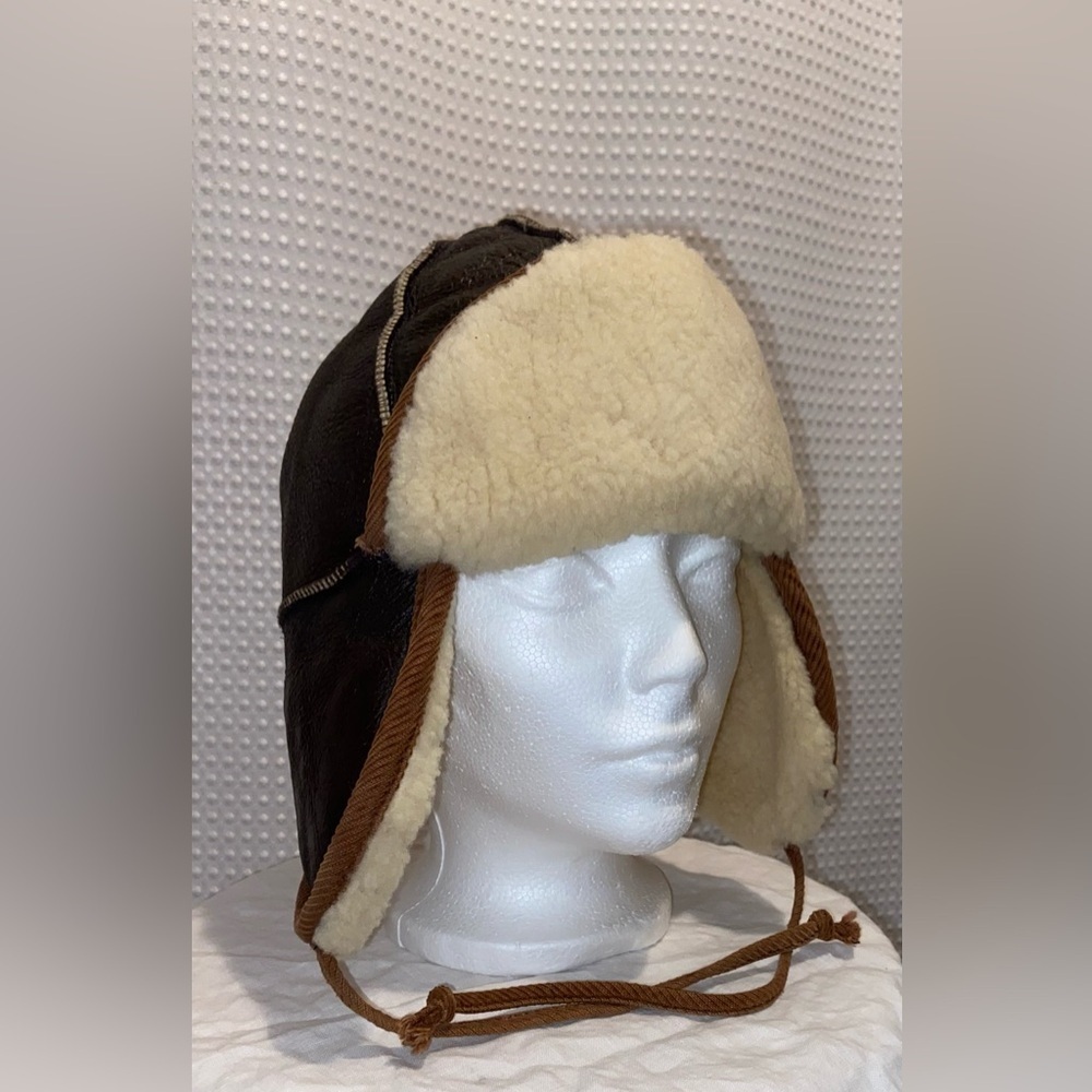 Unisex CROWNCAP‎ synthetic shearling dark brown sheepskin winter Aviator Hat